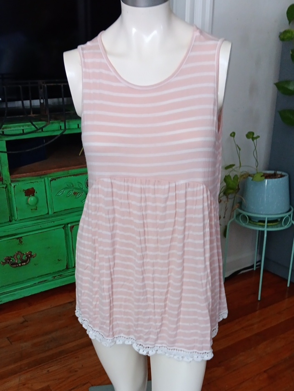 Pink & White Striped Tunic Top/Dress with Lace Trim
